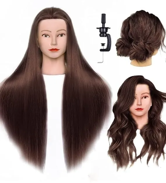 7CATS Dark Brown Synthetic Long Hair 28 inch Hairdressers Training Doll Head